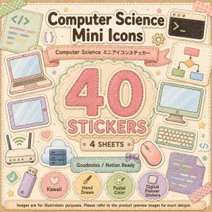 Peut inclure: Un ensemble de 40 mini autocollants d'informatique sur 4 feuilles avec des illustrations pastel dessinées à la main d'ordinateurs, moniteurs, claviers, souris, routeurs, clés USB et extraits de code avec le texte Computer Science Mini Icons.
