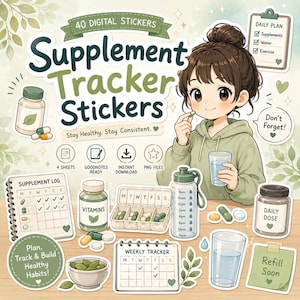 Op de afbeelding: Een digitale stickerset met een supplementen-tracker thema, inclusief illustraties van pillenflesjes, een weekplanner, een waterfles, een glas water en een personage. Tekst bevat Supplement Tracker Stickers, Daily Plan en Refill Soon.