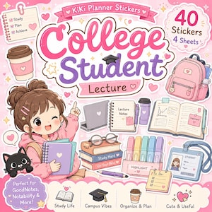 May include: A set of 40 KiKi Planner Stickers on 4 sheets featuring illustrations of a student, a black cat, a pink backpack, a laptop, notebooks, highlighters, a coffee cup, and a student ID badge, all decorated with hearts and stars.
