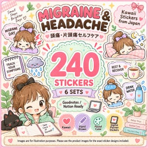 Migräne- und Kopfschmerz-Planer-Sticker (240er-Pack) für Goodnotes, Selbstfürsorge, Tracking und japanische Kawaii-Planung