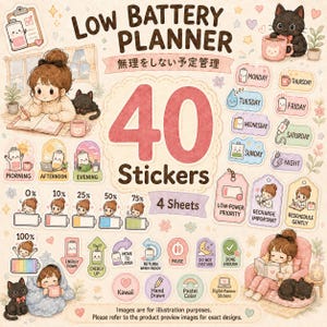 May include: A digital sticker set titled Low Battery Planner featuring 40 stickers across 4 sheets. The illustrations include a person with brown hair, a black cat, battery icons, and text labels like Monday, Morning, and Recharge Important.