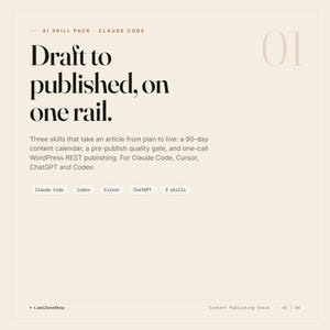 Pack de compétences pour la publication de contenu AI | WordPress REST, évaluation de la qualité, calendrier de 90 jours