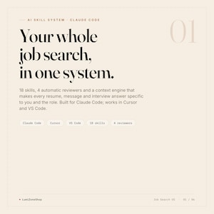 May include: A beige digital graphic titled AI Skill System Claude Code. The text reads: Your whole job search, in one system. 18 skills, 4 automatic reviewers and a context engine that makes every resume, message and interview answer specific to you and the role. Built for Claude Code; works in Cursor and VS Code. Includes tags for Claude Code, Cursor, VS Code, 18 skills, and 4 reviewers.