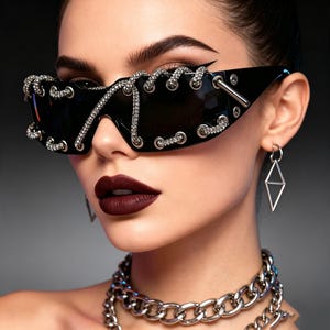 May include: Black rectangular sunglasses featuring silver-toned metal eyelets and a decorative, sparkling rhinestone-encrusted cord laced through the frame. The design includes metallic accents along the temples and a sleek, dark, solid-colored lens.
