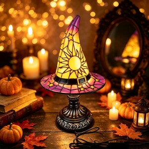 Stained Glass Witch Hat Table Lamp – Gothic Halloween Decor, USB-Powered Night Light, Vintage Witchy Accent For Bedrooms & Bookshelves
