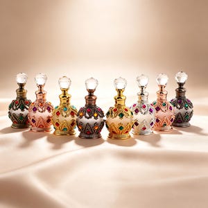 May include: Eight small, ornate perfume bottles arranged in a row. Each bottle features a frosted glass body, a metallic base and neck with intricate filigree patterns, and colorful embedded gemstones. A clear, faceted crystal topper sits on each.