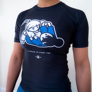 BJJ - Mädchen Rollen Erwachsene Kurzarm Rashguard - Schwarz, Blau | Greifen MMA | Jiu-Jitsu