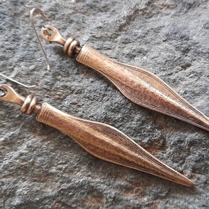 Norwegian long vintage bronze designer Snorre hook earrings - silver fittings - Espeland - FREE SHIPPING