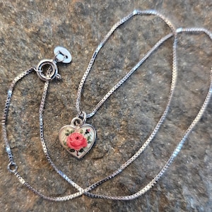 Norwegian 925S sterling silver pink flower guilloche enamel heart pendant & chain - Norway - christening gift girl