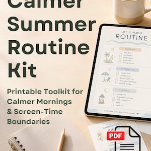 Può includere: Un tablet digitale che mostra una lista di controllo My Summer Routine con sezioni per mattina, pomeriggio e sera, accompagnato da un taccuino a spirale, una matita, una tazza di caffè e un'icona PDF, con il testo Calmer Summer Routine Kit.