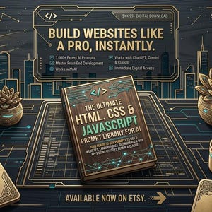 May include: A digital product listing featuring a book titled The Ultimate HTML, CSS & Javascript Prompt Library for AI. The scene includes a laptop, a coffee mug, and succulent plants on a dark background with gold circuit board patterns.