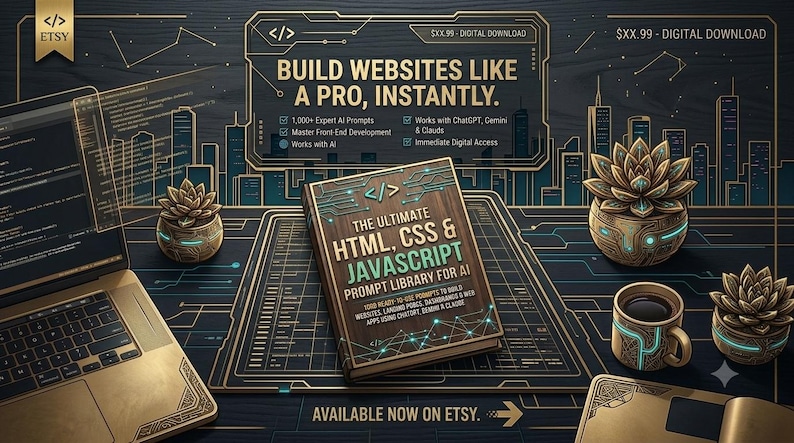 Pode incluir: Uma listagem de produto digital apresentando um livro intitulado The Ultimate HTML, CSS & Javascript Prompt Library for AI. A cena inclui um laptop, uma caneca de caf&eacute; e plantas suculentas em um fundo escuro com padr&otilde;es de circuitos dourados.