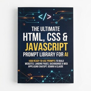 Pode incluir: Um livro azul escuro intitulado The Ultimate HTML, CSS & Javascript Prompt Library for AI. A capa apresenta um padr&atilde;o de circuito digital com n&oacute;s brilhantes e s&iacute;mbolos de c&oacute;digo, al&eacute;m de texto sobre 1000 prompts para desenvolvimento web.