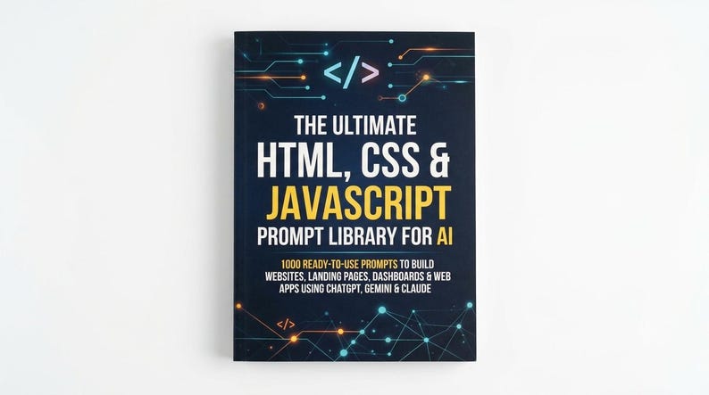 Pode incluir: Um livro azul escuro intitulado The Ultimate HTML, CSS & Javascript Prompt Library for AI. A capa apresenta um padr&atilde;o de circuito digital com n&oacute;s brilhantes e s&iacute;mbolos de c&oacute;digo, al&eacute;m de texto sobre 1000 prompts para desenvolvimento web.
