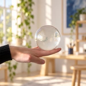 Puede incluir: Una esfera de cristal transparente con una superficie lisa y pulida. La bola refleja la luz ambiental y el entorno, mostrando una construcción de vidrio sólido de alta claridad que es perfectamente redonda y carece de cualquier tipo de marca.