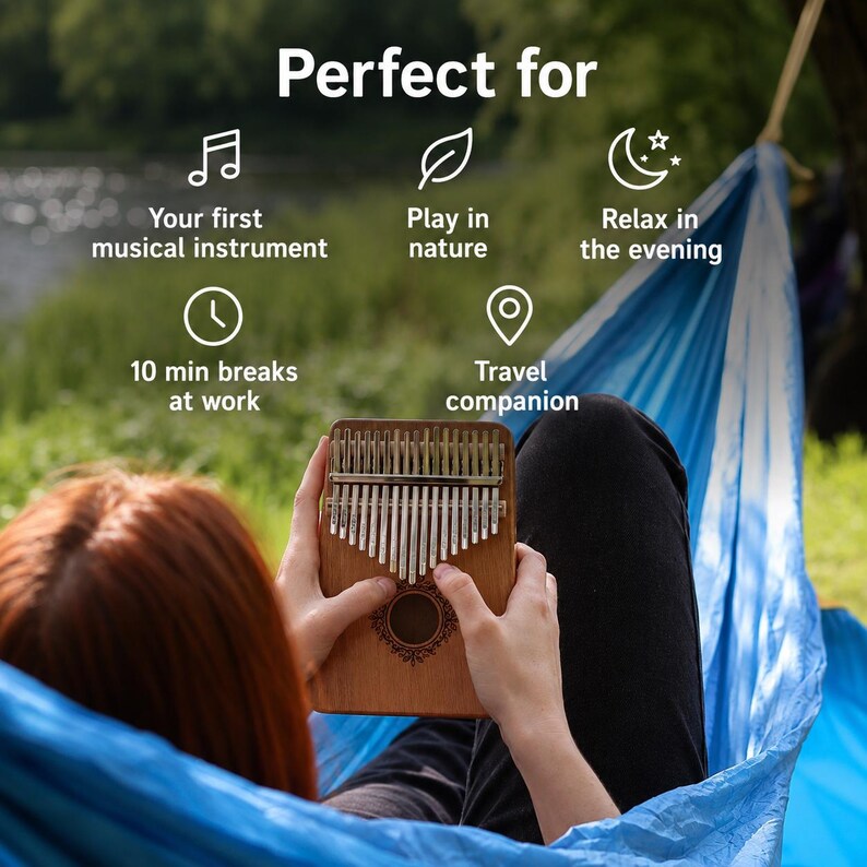 May include: A wooden kalimba with metal tines and a circular sound hole featuring decorative engraving. The text on the image reads: Perfect for, Your first musical instrument, Play in nature, Relax in the evening, 10 min breaks at work, Travel companion.