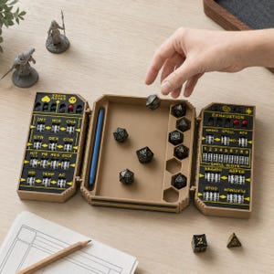 Pode incluir: Um rastreador de RPG de mesa dobrável em três partes na cor bege, com painéis de controle pretos contendo mostradores giratórios para estatísticas como HP, CA e espaços de magia, uma caneta azul, dados pretos e indicadores de exaustão.