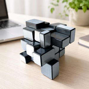 Op de afbeelding: Een zilveren en zwarte spiegelpuzzelkubus met rechthoekige blokken van verschillende groottes. De puzzel is in een verwarde staat en toont een metalen, geborstelde afwerking op de zilveren oppervlakken en een glanzende, reflecterende zwarte afwerking.