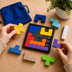 Könnte beinhalten: Ein quadratisches schwarzes Spielbrett mit einem Gitter aus bunten, ineinandergreifenden Blöcken in Gelb, Blau, Rot, Orange, Lila und Schwarz. Einige schwarze Blöcke tragen die Zahlen 5, 17, 18, 22, 24 und 30. Lose geometrische Blöcke in verschiedenen Farben und ein blauer Beutel liegen daneben.