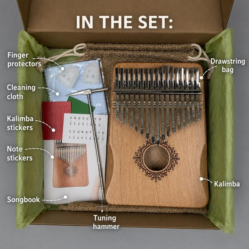 May include: A wooden kalimba set in a cardboard box labeled IN THE SET. Includes a kalimba with metal tines, a silver tuning hammer, a brown drawstring bag, two white finger protectors, a cleaning cloth, note stickers, and a songbook.