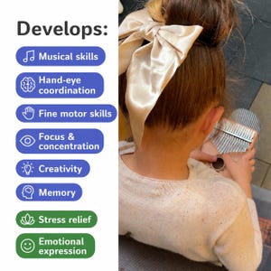 May include: A wooden kalimba with metal tines held by a person wearing a cream sweater and a champagne-colored satin hair bow. Text on the left lists developmental benefits including musical skills, hand-eye coordination, and stress relief.