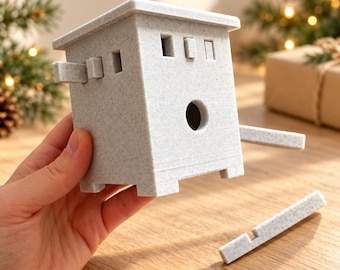 Può includere: Un oggetto grigio chiaro maculato a forma di casa con tetto piatto, un'apertura circolare sul davanti e diverse piccole aperture rettangolari. La struttura presenta due bracci laterali sporgenti e un pezzo rettangolare separato con fessura.