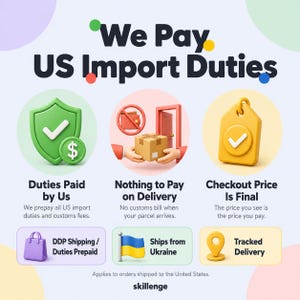 May include: An informational graphic titled We Pay US Import Duties. It features three circular icons: a green shield with a checkmark, a brown package being handed over, and a yellow tag with a checkmark. Text includes DDP Shipping, Ships from Ukraine, and Tracked Delivery.