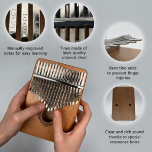 May include: A wooden kalimba with metal tines featuring manually engraved musical notes. The instrument includes bent tine ends for comfort, a central sound hole with decorative engraving, and two rear resonance holes for clear sound production.