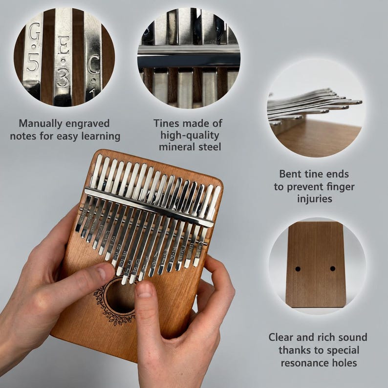 May include: A wooden kalimba with metal tines featuring manually engraved musical notes. The instrument includes bent tine ends for comfort, a central sound hole with decorative engraving, and two rear resonance holes for clear sound production.