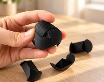 Può includere: Un piccolo pezzo di puzzle geometrico nero tridimensionale con una superficie testurizzata. L'oggetto presenta bordi curvi e una struttura centrale triangolare. Altri due pezzi identici sono posizionati nelle vicinanze.