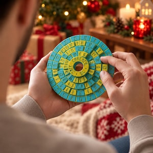May include: A circular puzzle game with concentric rings in teal and yellow. The center yellow ring features the text CRACKER and SAFE. The rings are divided into segments, each printed with various numbers, allowing the rings to rotate independently.