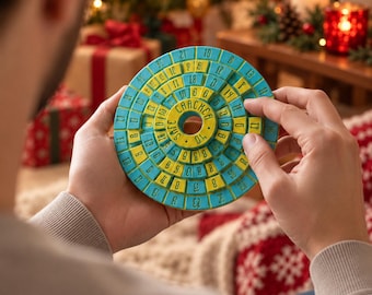 Può includere: Un gioco rompicapo circolare con anelli concentrici color ottanio e giallo. L'anello centrale giallo riporta il testo CRACKER e SAFE. Gli anelli sono divisi in segmenti, ognuno stampato con vari numeri, che permettono di ruotare in modo autonomo.