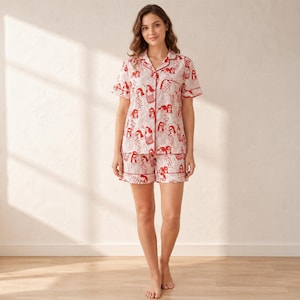 Women's 100% Cotton Pajama Set, Short Sleeve Button-Down Sleepwear with Artistic Print