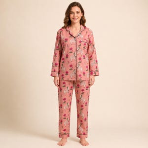 Pink Pichwai Cow Print Pajamas, Block Print Sleepwear, Soft Cotton Loungewear, Button Down PJ Set, Matching Pajamas, Cotton Pajama Set
