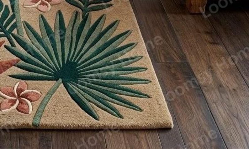 Hand Tufted Tropical Leaf Runner Rug, Botanical Floral Green Cream ...