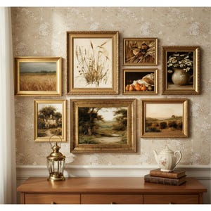 May include: A gallery wall arrangement featuring eight framed landscape and botanical art prints in ornate gold frames, displayed above a wooden console table with a brass lantern and a white ceramic teapot resting on two stacked books.