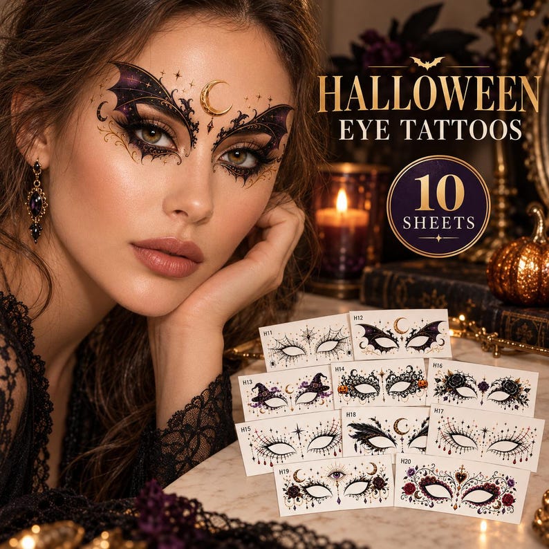10-sheet Halloween Eye Temporary Tattoos: Gothic Spiderweb, Bat, Moon ...