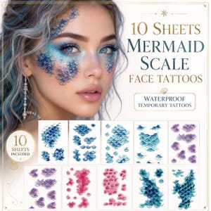 May include: Ten sheets of mermaid scale face tattoos featuring waterproof temporary designs in various colors including blue, purple, and pink. The text reads 10 Sheets Mermaid Scale Face Tattoos, Waterproof Temporary Tattoos, and 10 Sheets Included.