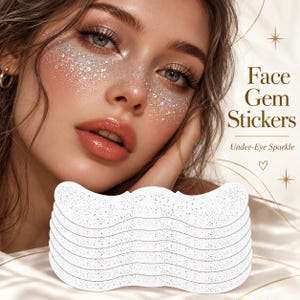 May include: A set of white under-eye face gem stickers with a fine silver glitter texture. The product is displayed as a stack of curved adhesive strips. Text on the image reads: Face Gem Stickers, Under-Eye Sparkle, with star icons.