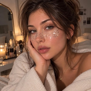 May include: A person with brown hair styled in a loose updo, wearing a white textured robe. The face features silver star-shaped glitter applied across the bridge of the nose and cheeks, paired with glossy lips and a gold chain necklace.