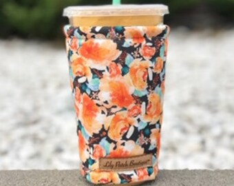 Fall Florals on Black Coffee Cozy, Coffee, Iced Coffee, Cup Cozy, Cold Brew