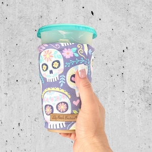 Floral Sugar Skulls, Halloween, Coffee Cozy, Iced Coffee, Cozy, Cold Brew, Coffee, Drink Cozy, Cup Sleeve, Cold Brew, Coffee Gifts image 1