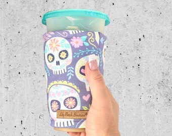 Floral Sugar Skulls, Halloween, Coffee Cozy, Iced Coffee, Cozy, Cold Brew, Coffee, Drink Cozy, Cup Sleeve, Cold Brew, Coffee Gifts