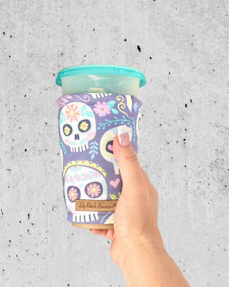 Floral Sugar Skulls, Halloween, Coffee Cozy, Iced Coffee, Cozy, Cold Brew, Coffee, Drink Cozy, Cup Sleeve, Cold Brew, Coffee Gifts image 1