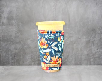 Crimson Floral Coffee Cozy: Reusable Iced Drink Sleeve