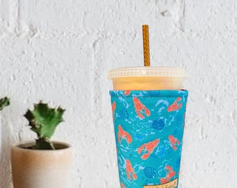 Lobster & Seashell Coffee Cozy: Teal Summer Drink Sleeve