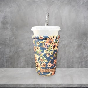 Sunflowers on Riverbed Blue Coffee Cozy, Iced Coffee,Cozy, Cup Cozy, Cold Brew, Coffee, Coffee Cuff