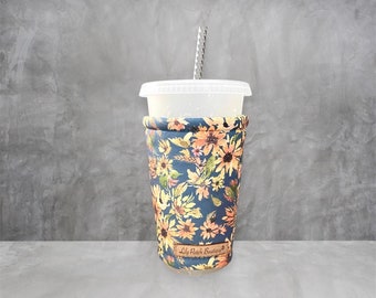 Sunflowers on Riverbed Blue Coffee Cozy, Iced Coffee,Cozy, Cup Cozy, Cold Brew, Coffee, Coffee Cuff