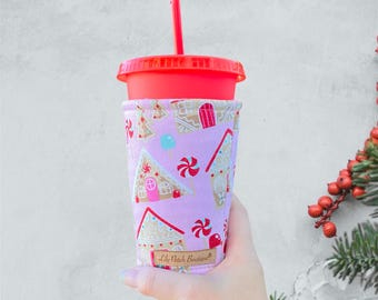 Pink Christmas Gingerbread Houses Iced Coffee Cozy, Coffee Sleeve