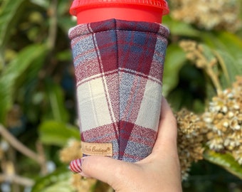 Maroon flannel plaid, Fall Flannel Coffee Cozy, Cup Cozy, Cold Brew, Iced Coffee, Cozy, Drink Sleeve, Cup Sleeve